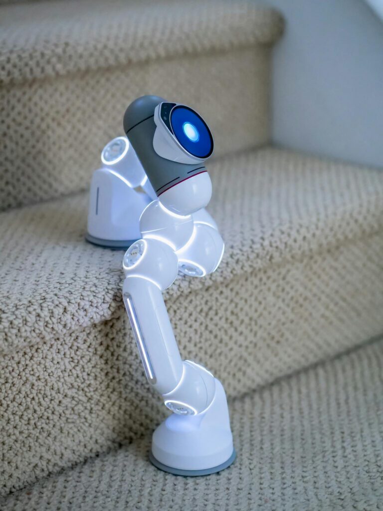 A futuristic robot climbing stairs showcasing advanced technology and innovation indoors.